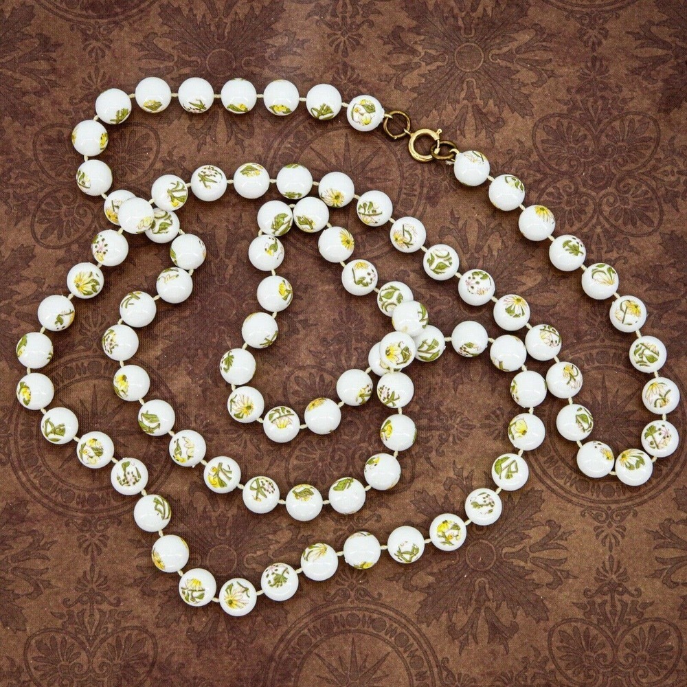 Rare Vintage White Lucite Necklace With Botanical Decals Extra Long 44 Inches